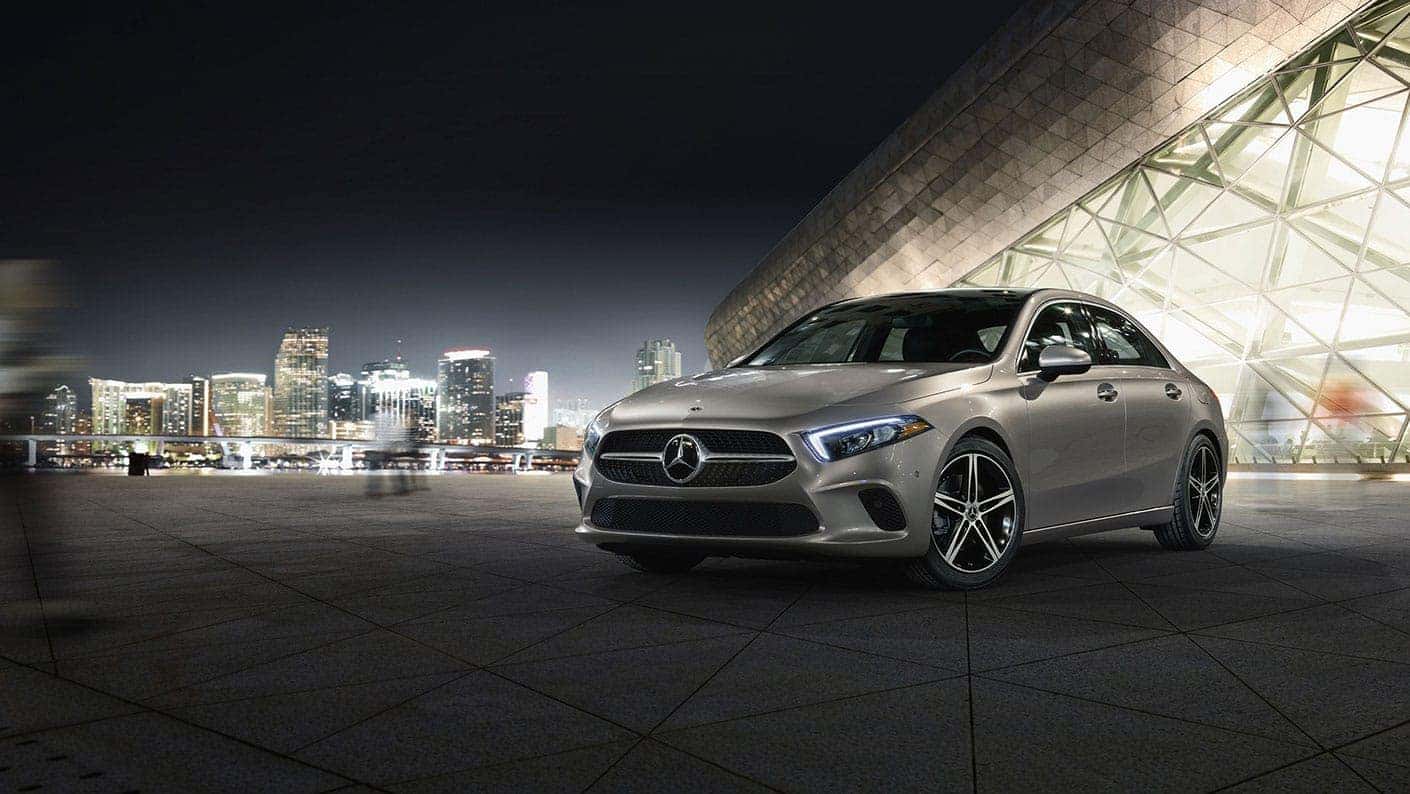 Image of the 2019 Mercedes-Benz A-Class sedan parked at night.