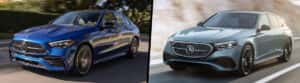 split view of a Mercedes-Benz C-Class and E-Class driving down the road