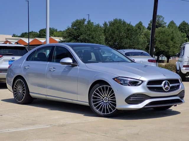 Silver 2026 Mercedes-Benz C 300 sedan shown from a front three-quarter angle