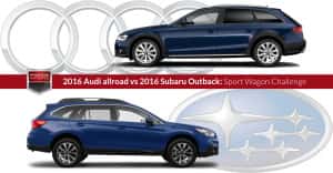 Photo of a 2016 Audi allroad and a 2016 Subaru Outback. Used to illustrate the article, "2016 Audi allroad vs 2016 Subaru Outback - Sport Wagon Challenge".