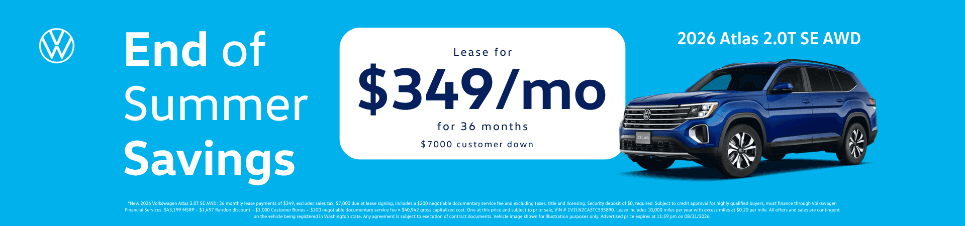 Lease New 2026 VW Atlas for $349/mo for 36 months