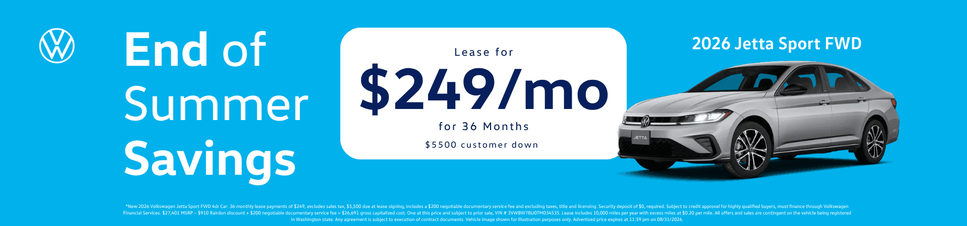 Lease New 2026 Volkswagen Jetta Sport for $249/mo for 36 months