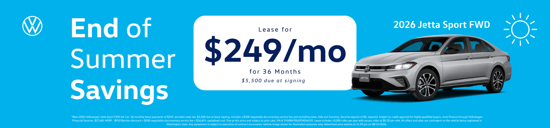 Lease New 2026 Volkswagen Jetta Sport for $249/mo* for 36 months