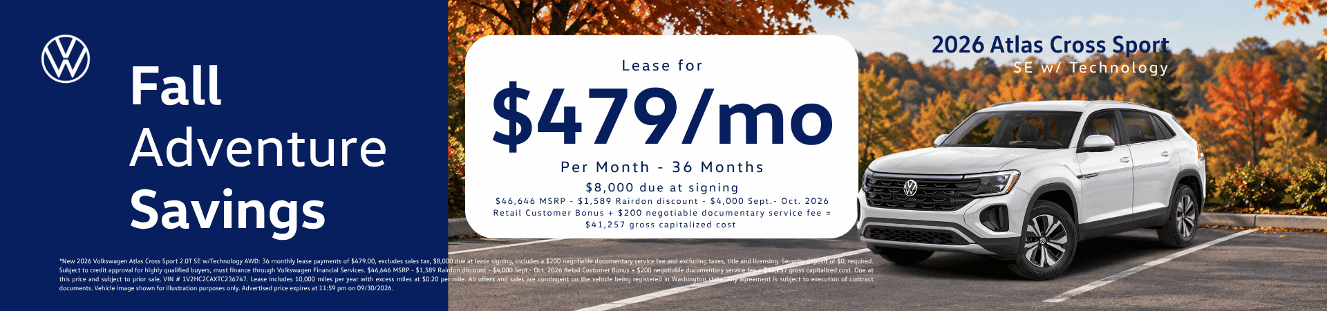 Lease New 2026 VW Atlas Cross Sport SE w/ Technology for $479/mo* for 36 months