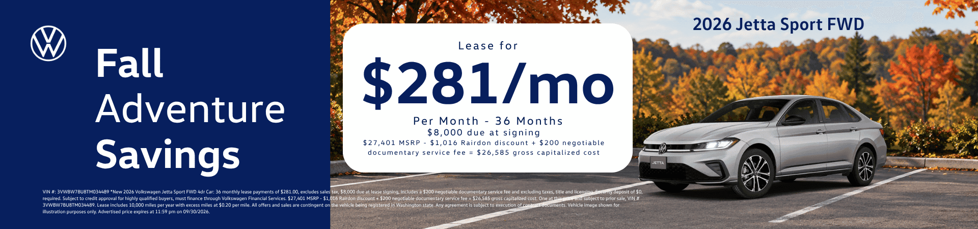 Lease New 2026 VW Jetta Sport for $281/mo* for 36 months