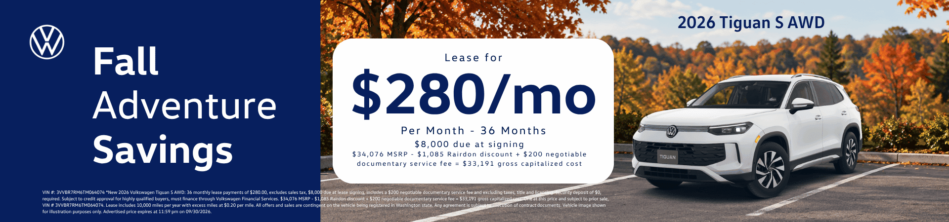 Lease New 2026 VW Tiguan S for $280/mo* for 36 months