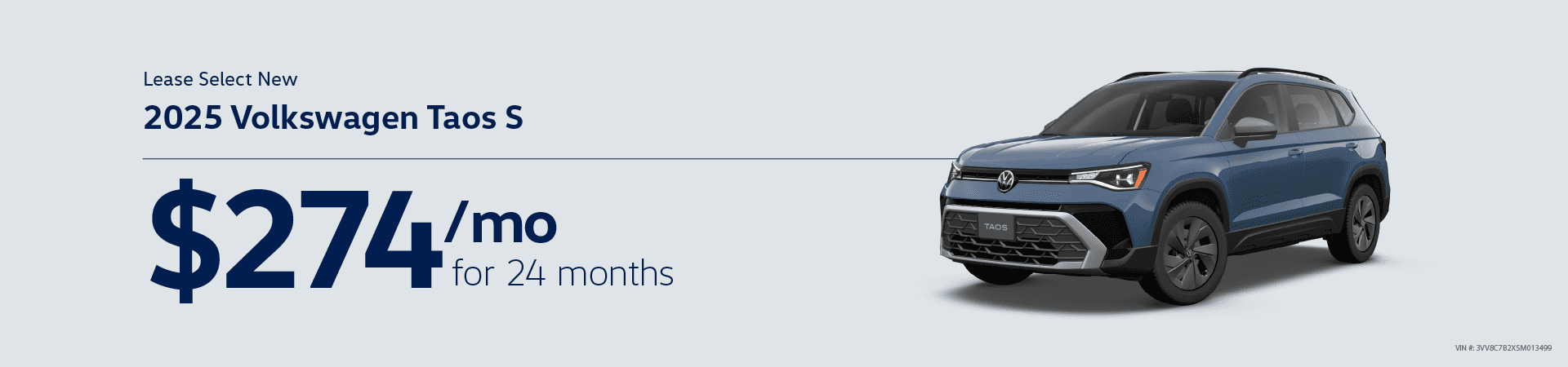 Lease Select New 2025 Volkswagen Taos S for $274/mo for 24 months