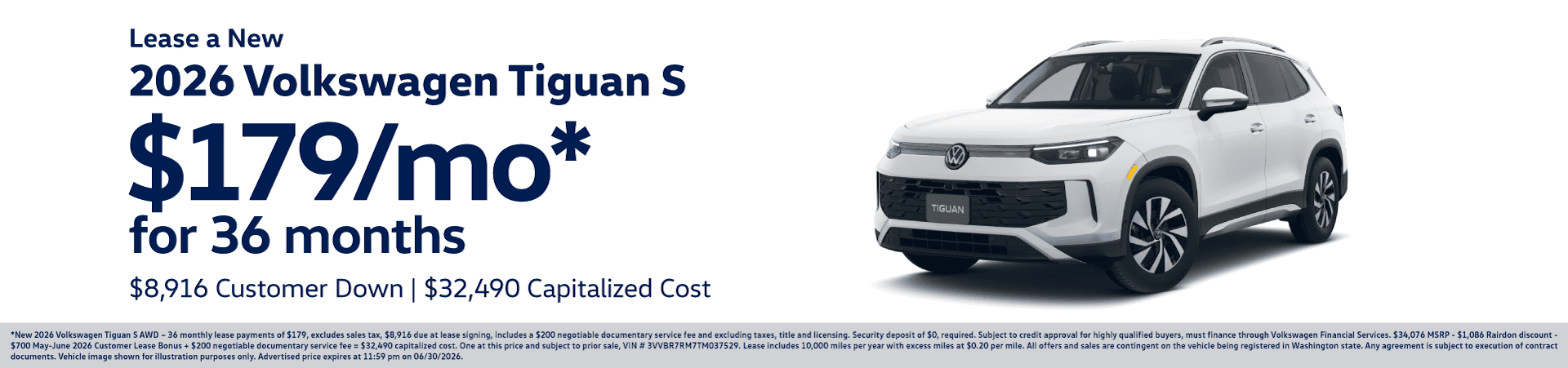 Lease New 2026 Volkswagen Tiguan S for $179/mo for 36 months