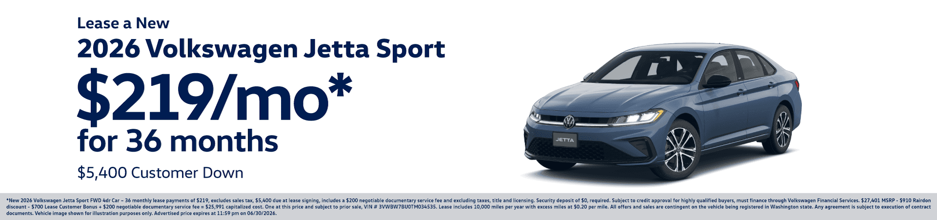 Lease New 2026 Volkswagen Jetta Sport for $219/mo for 36 months