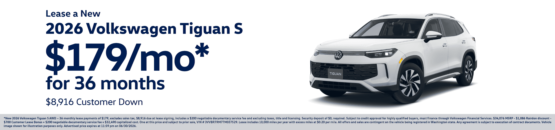 Lease New 2026 Volkswagen Tiguan S for $179/mo for 36 months