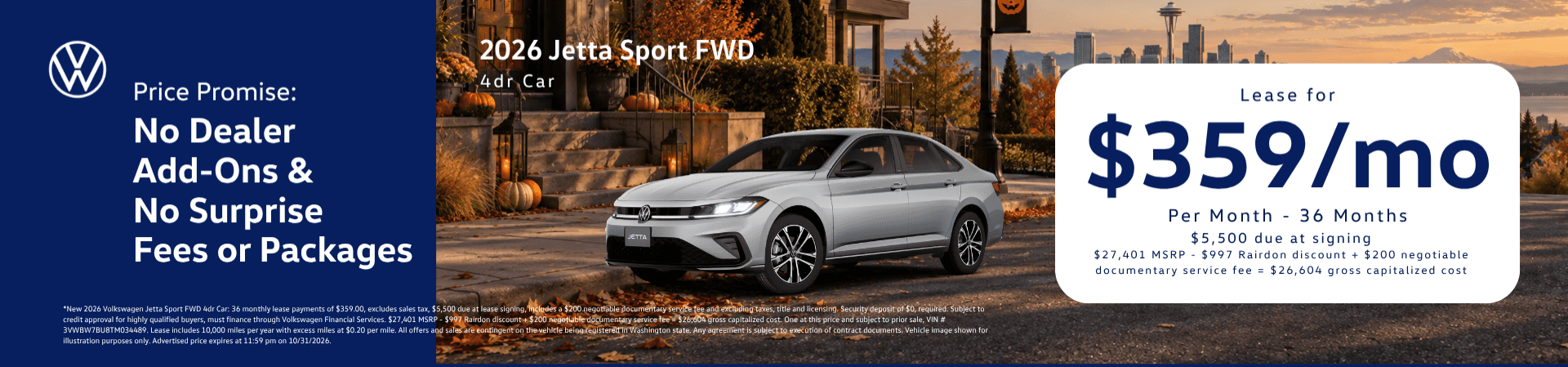 Lease New 2026 VW Jetta Sport for $359/mo* for 36 months