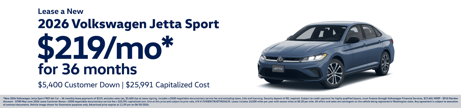 Lease New 2026 Volkswagen Jetta Sport for $219/mo for 36 months