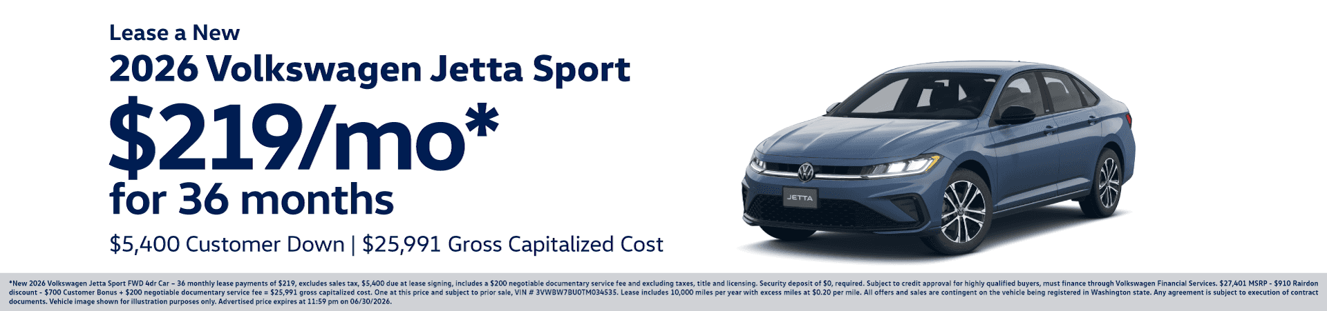 Lease New 2026 Volkswagen Jetta Sport for $219/mo for 36 months