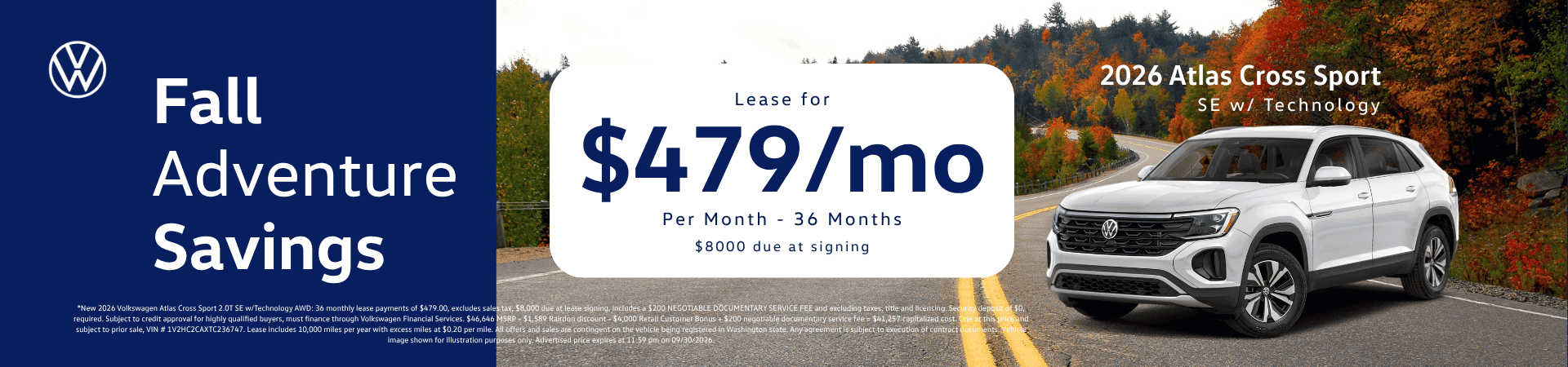 Lease New 2026 VW Atlas Cross Sport SE w/ Technology for $479/mo* for 36 months