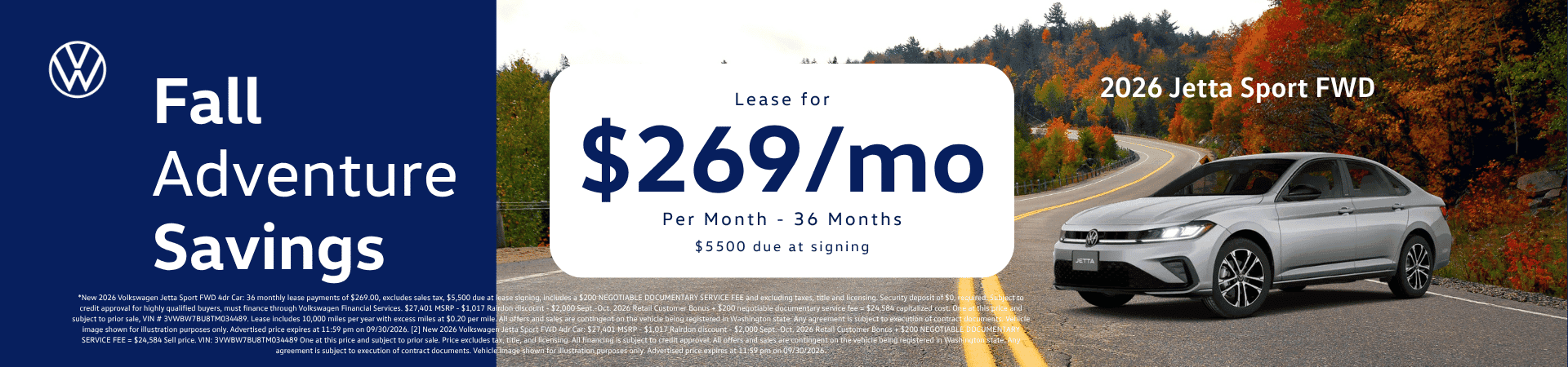 Lease New 2026 VW Jetta Sport for $269/mo* for 36 months