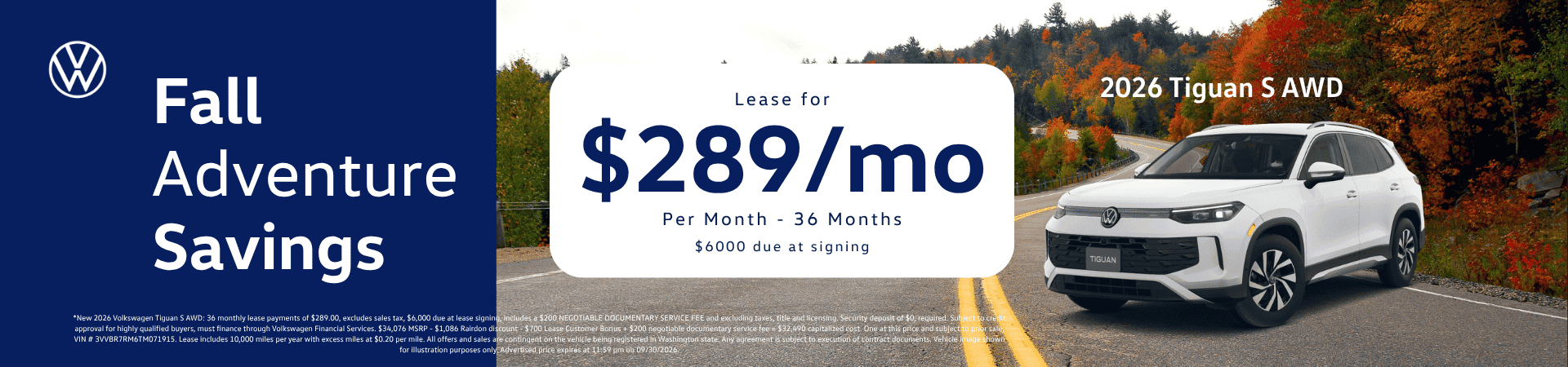 Lease New 2026 VW Tiguan S for $289/mo* for 36 months