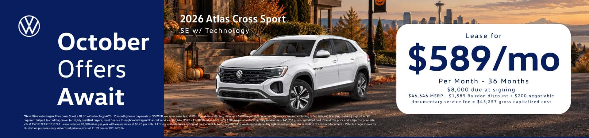 Lease New 2026 VW Atlas for $589/mo for 36 months