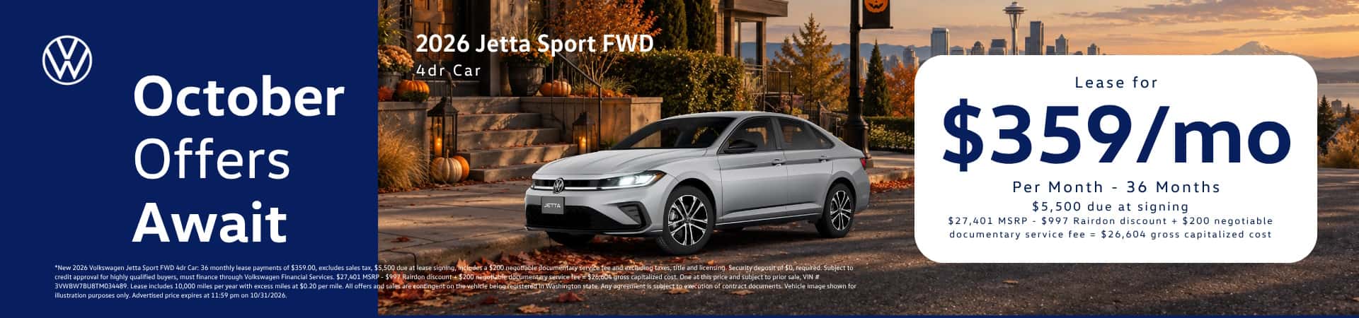 Lease New 2026 VW Jetta Sport for $359/mo* for 36 months
