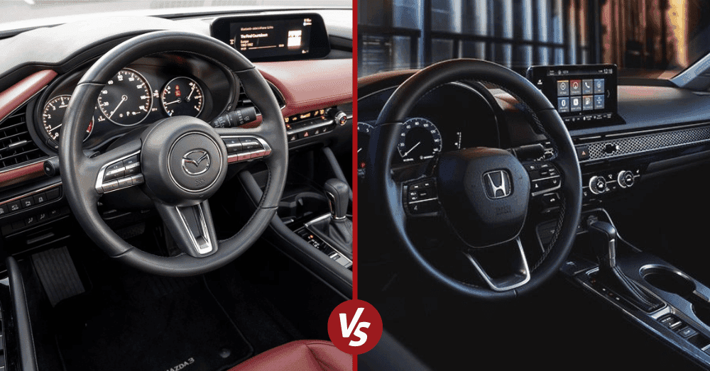 Interior comparison image showing cabin layout differences between the 2024 Mazda3 and 2024 Honda Civic