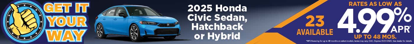 New 2025 Honda Civic Sedan, Hatchback or Hybrid - 4.99% APR for up to 48 months*