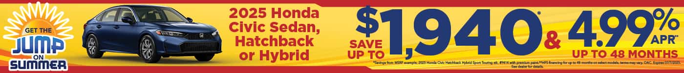 New 2025 Honda Civic Sedan, Hatchback or Hybrid - Save up to $1,940 and 4.99% APR for up to 48 months*