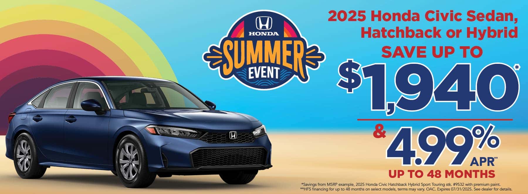 New 2025 Honda Civic Sedan, Hatchback or Hybrid - Save up to $1,940 and 4.99% APR for up to 48 months*