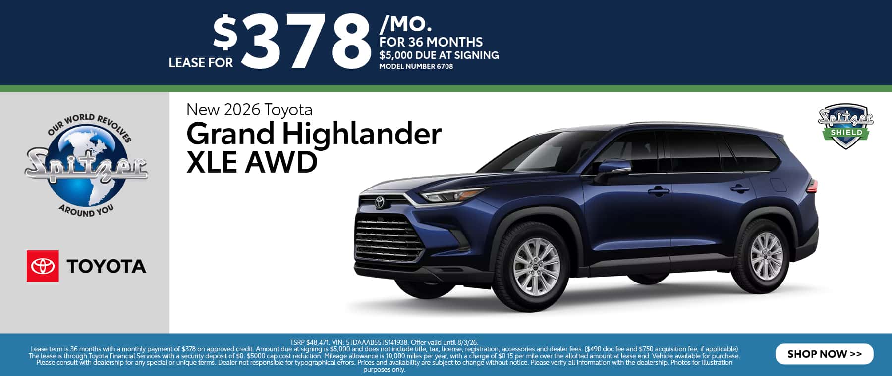 07.2026_Toyota Grand Highlander_Lease for $378 for 36 mo