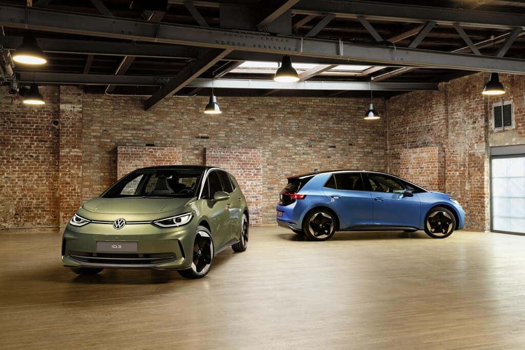 Blue Green Volkswagen ID.3 Sedan Inside Red Brick Wall Lights