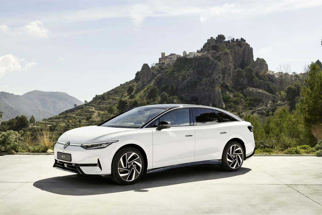 White Volkswagen ID.7 Electric Sedan Mountains
