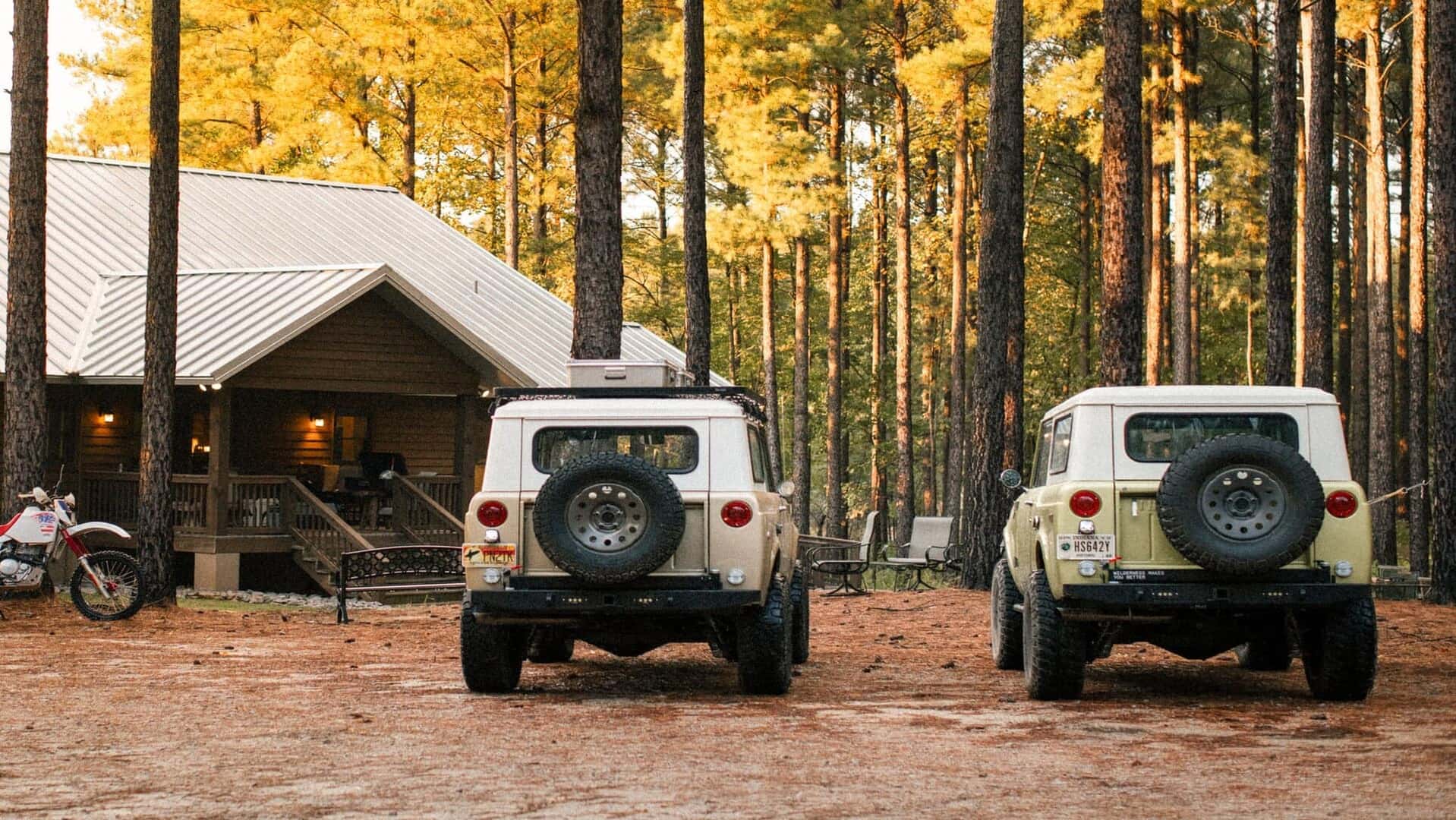 Vintage Brown Scout SUVs Cabin Trees