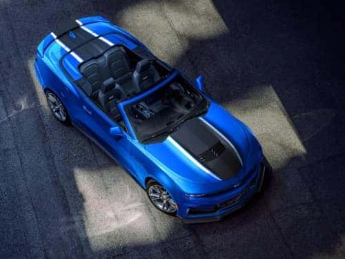 2024 Chevy Camaro overhead view of convertible Camaro parked on a blacktop