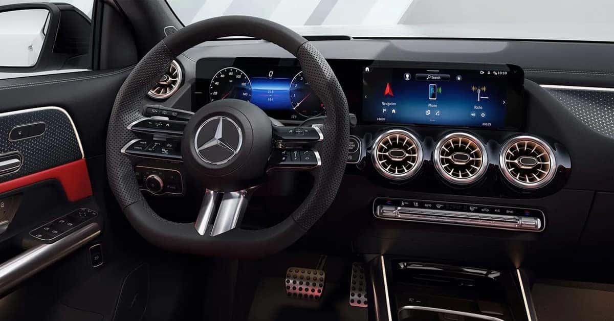 2026 Mercedes-Benz GLA leather-trimmed dashboard. Digital instrument cluster and a large central infotainment screen.