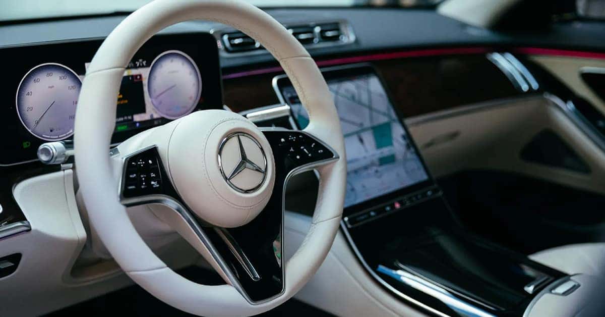 2026 Mercedes-Benz S Class cockpit showing a cream steering wheel